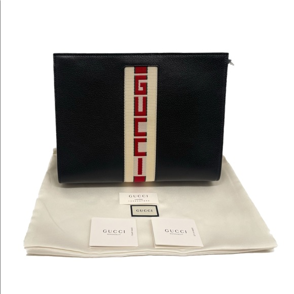 Gucci New Logo Cosmetic Case/ Pouch/ Clutch/ Black Leather Logo Portfolio - Picture 2 of 11